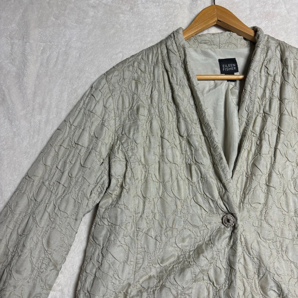 Eileen Fisher Womens Textured Jacket Beige‎ Button Front Size L Blazer Lagenook - Picture 3 of 14